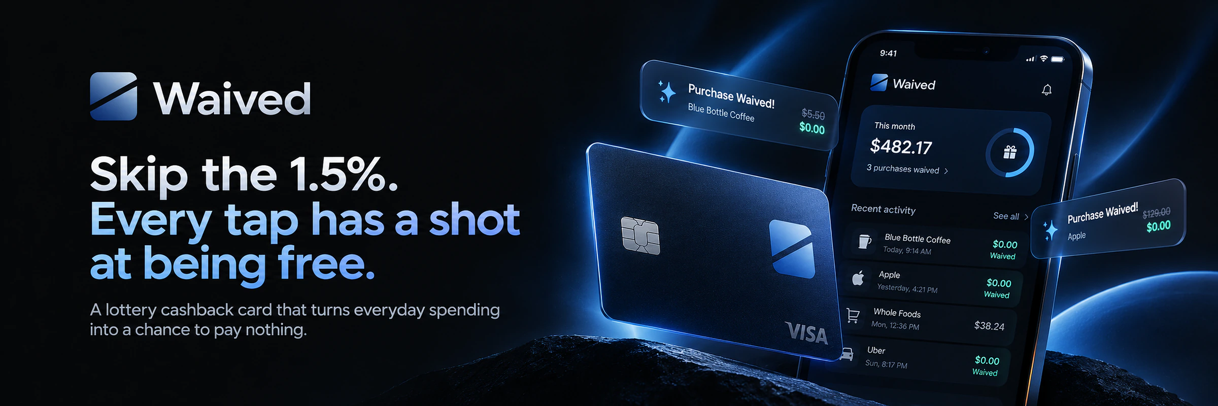 Waived. Skip the 1.5%. Every tap has a shot at being free. A lottery cashback card that turns everyday spending into a chance to pay nothing.
